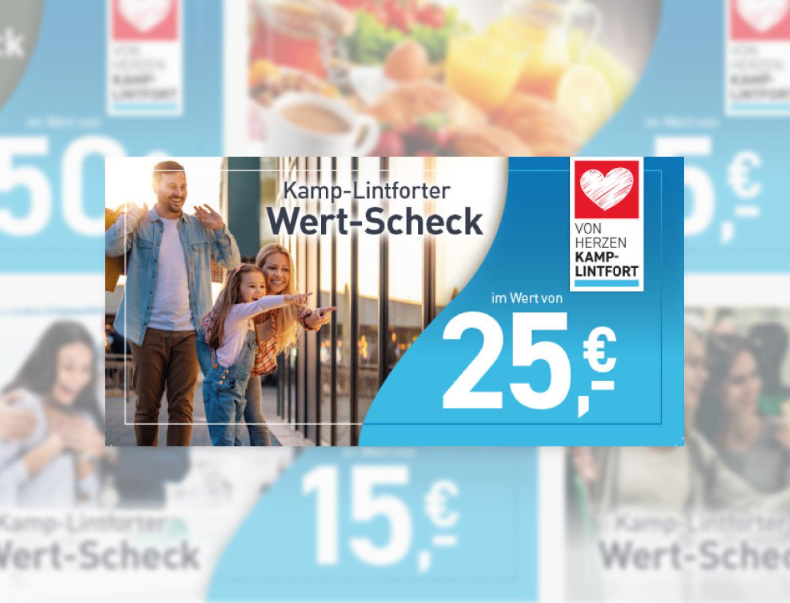 Ansicht der verschiedenen Wertschecks mit der 25-Euro-Variante im Fokus